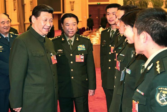 中共中央總書記、中共中央軍委主席習(xí)近平出席十二屆全國人大一次會議解放軍代表團(tuán)全體會議并發(fā)表重要講話。