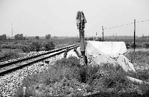 6月30日， 農(nóng)戶用搭建的窩棚和電線桿阻擋了鐵路的施工。新華社發(fā)