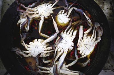 青蟹需用鹽水腌漬8個小時。