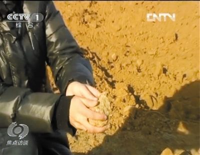 麻剛沙系麻剛石粉碎而成。記者找到一塊麻剛石，一捏就碎成粉末，硬度非常差。央視截圖