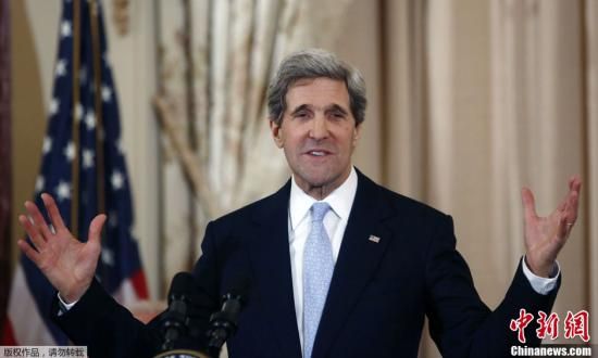 資料圖：當(dāng)?shù)貢r(shí)間2月6日，美國華盛頓，新任國務(wù)卿約翰·克里宣誓就職，副總統(tǒng)拜登出席了就職儀式。