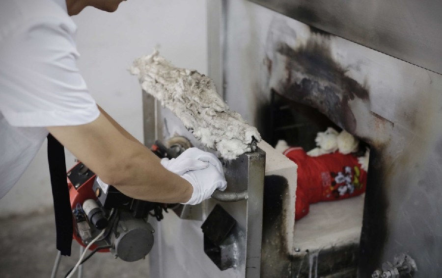 工作人員將狗狗推入火化爐。